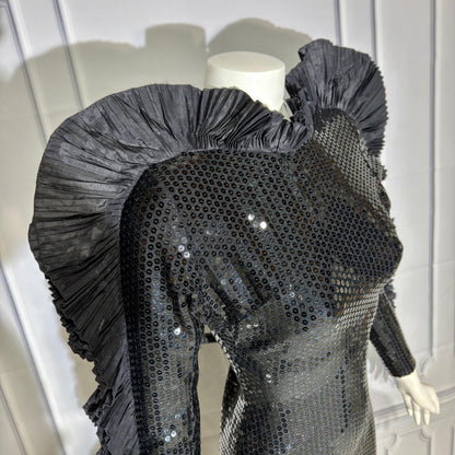 LORIS AZZARO Vintage evening dress gown, Giorgio Beverly Hills, Bodycon Black Sequin sheath, Malelificent