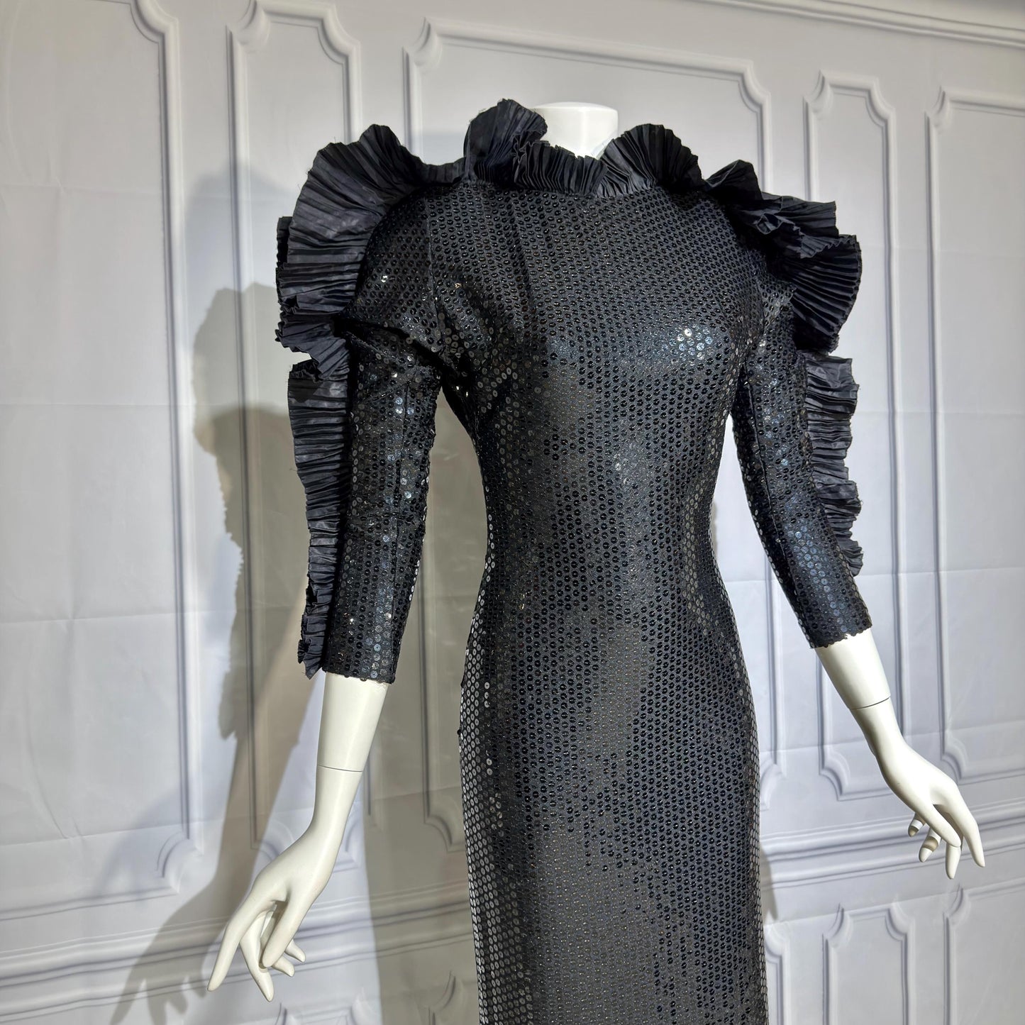 LORIS AZZARO Vintage evening dress gown, Giorgio Beverly Hills, Bodycon Black Sequin sheath, Malelificent