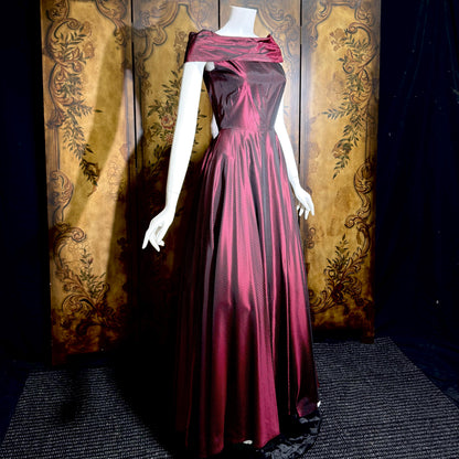 1940s vintage Evening Ball Gown, Deep Burgundy Shiny Satin Full Sweep Formal Dress
