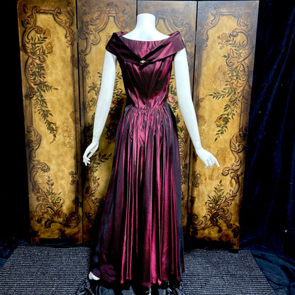 1940s vintage Evening Ball Gown, Deep Burgundy Shiny Satin Full Sweep Formal Dress