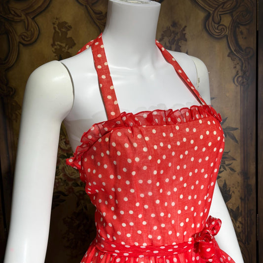 LILLI DIAMOND vintage 1970s Maxi dress, Red Tiered Picnic voile halter dress