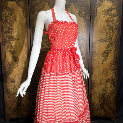 LILLI DIAMOND vintage 1970s Maxi dress, Red Tiered Picnic voile halter dress