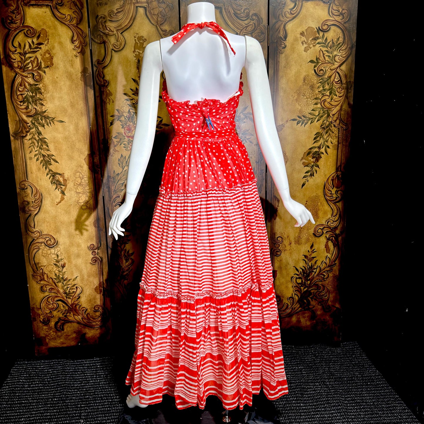 LILLI DIAMOND vintage 1970s Maxi dress, Red Tiered Picnic voile halter dress