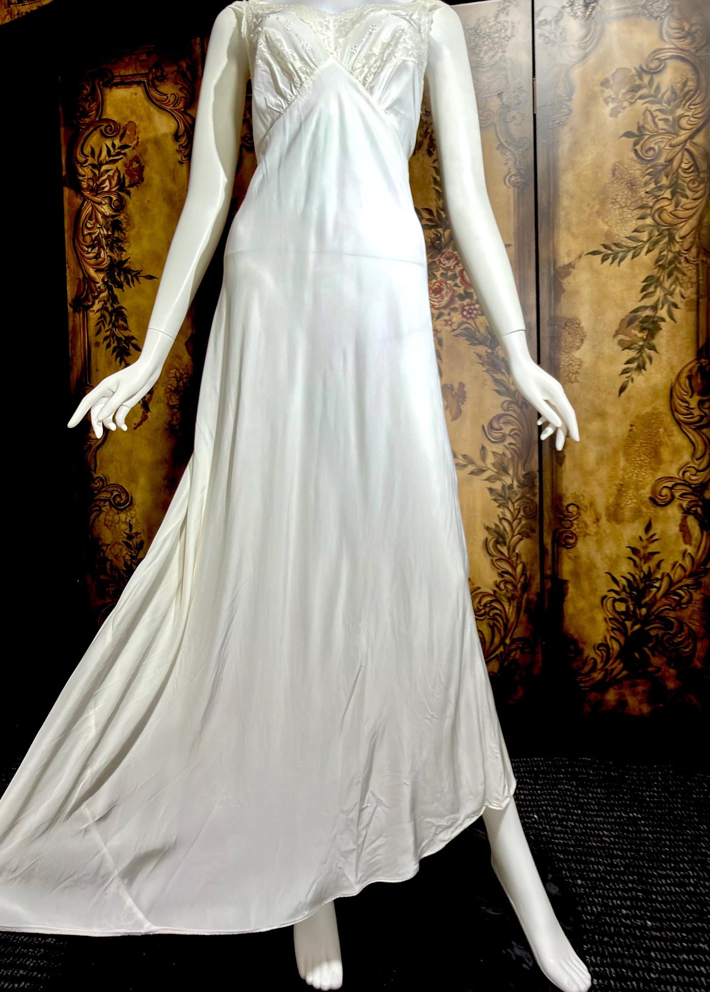 LAROS vintage 1940s nightgown slip dress, white bias cut rayon lingerie dress