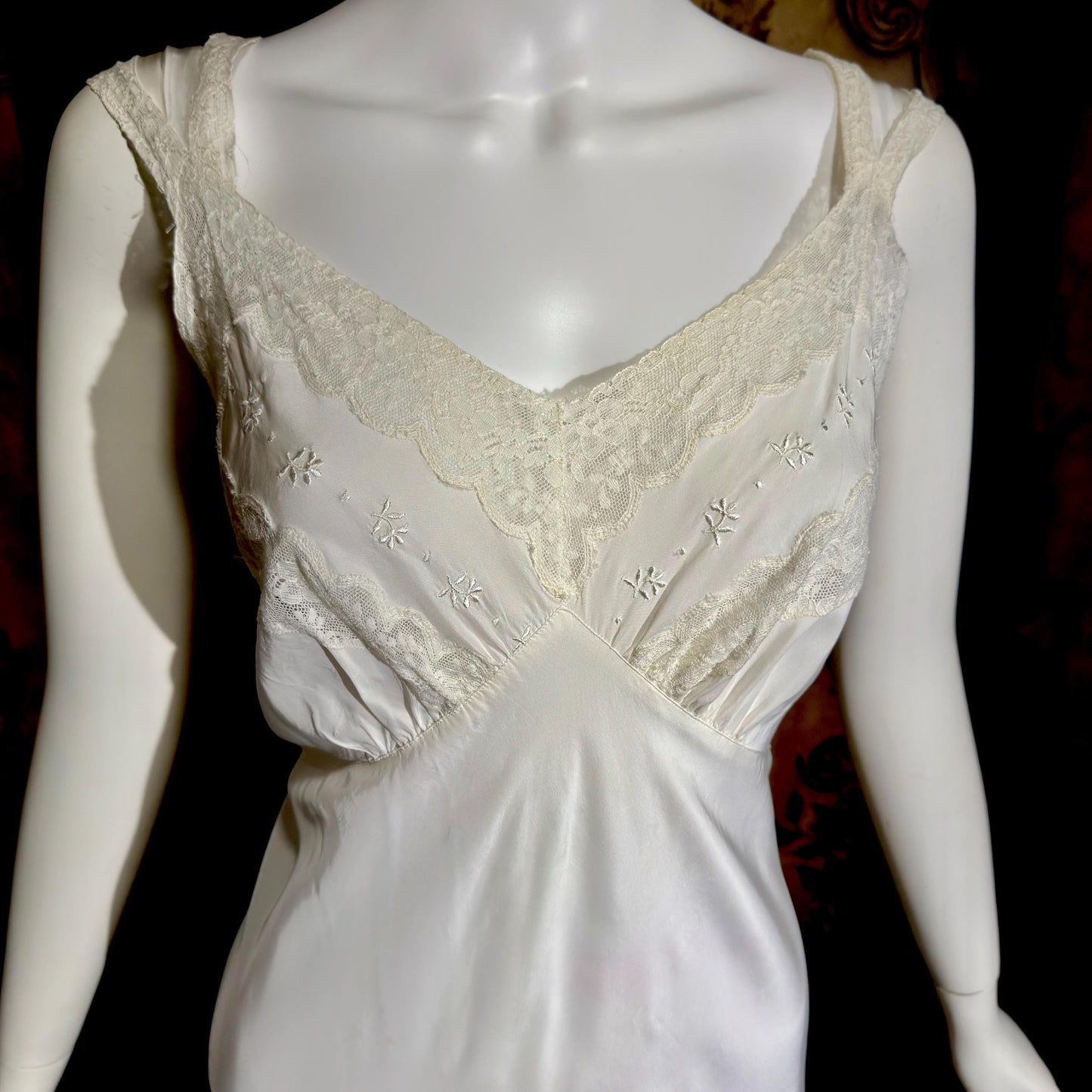 LAROS vintage 1940s nightgown slip dress, white bias cut rayon lingerie dress