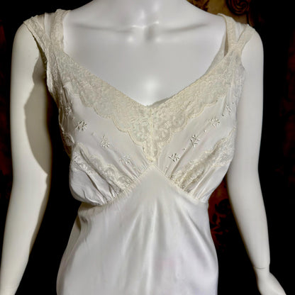 LAROS vintage 1940s nightgown slip dress, white bias cut rayon lingerie dress