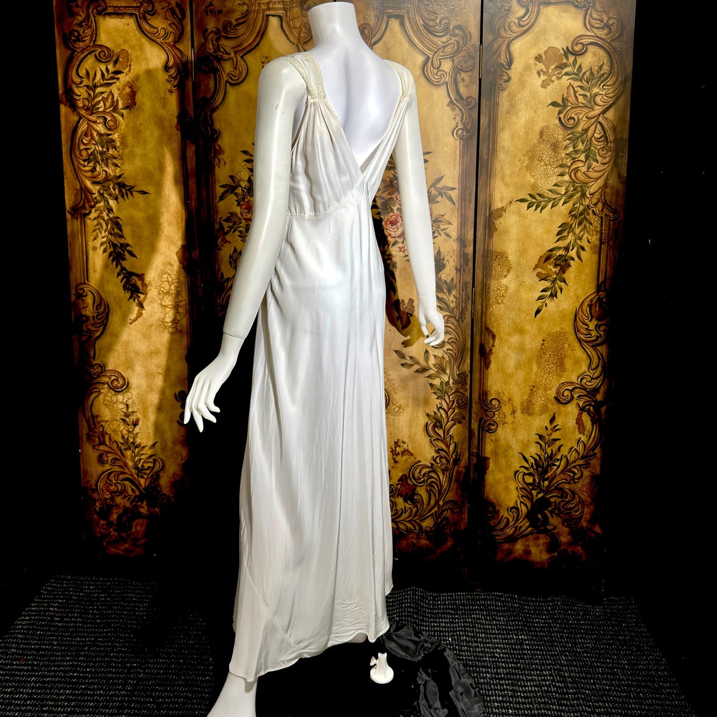 LAROS vintage 1940s nightgown slip dress, white bias cut rayon lingerie dress