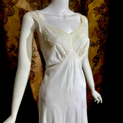 LAROS vintage 1940s nightgown slip dress, white bias cut rayon lingerie dress