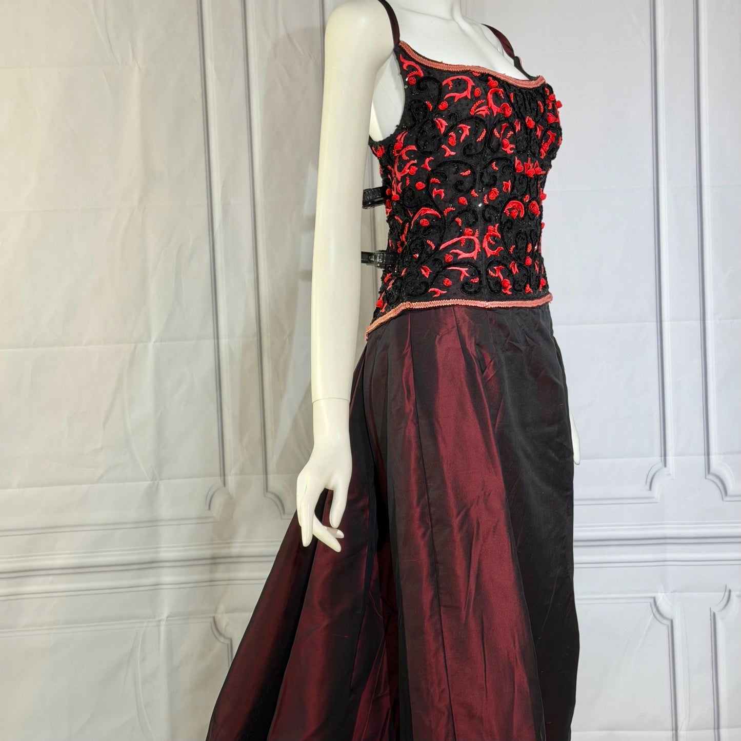 HAROLD CLARK Vintage evening dress gown, 1980s Black Red Ball gown