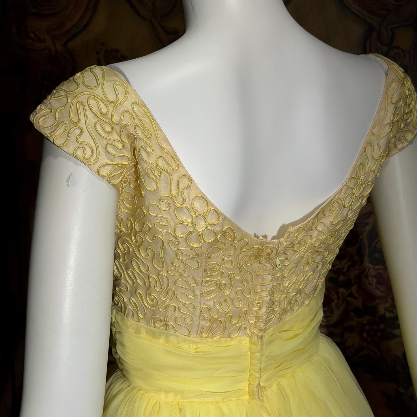 1960s Vintage evening dress gown, yellow lemon chiffon beaded prom ball gown