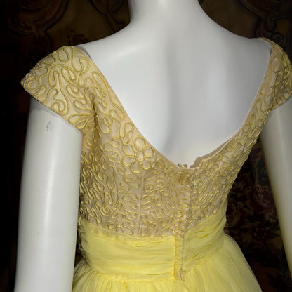 1960s Vintage evening dress gown, yellow lemon chiffon beaded prom ball gown