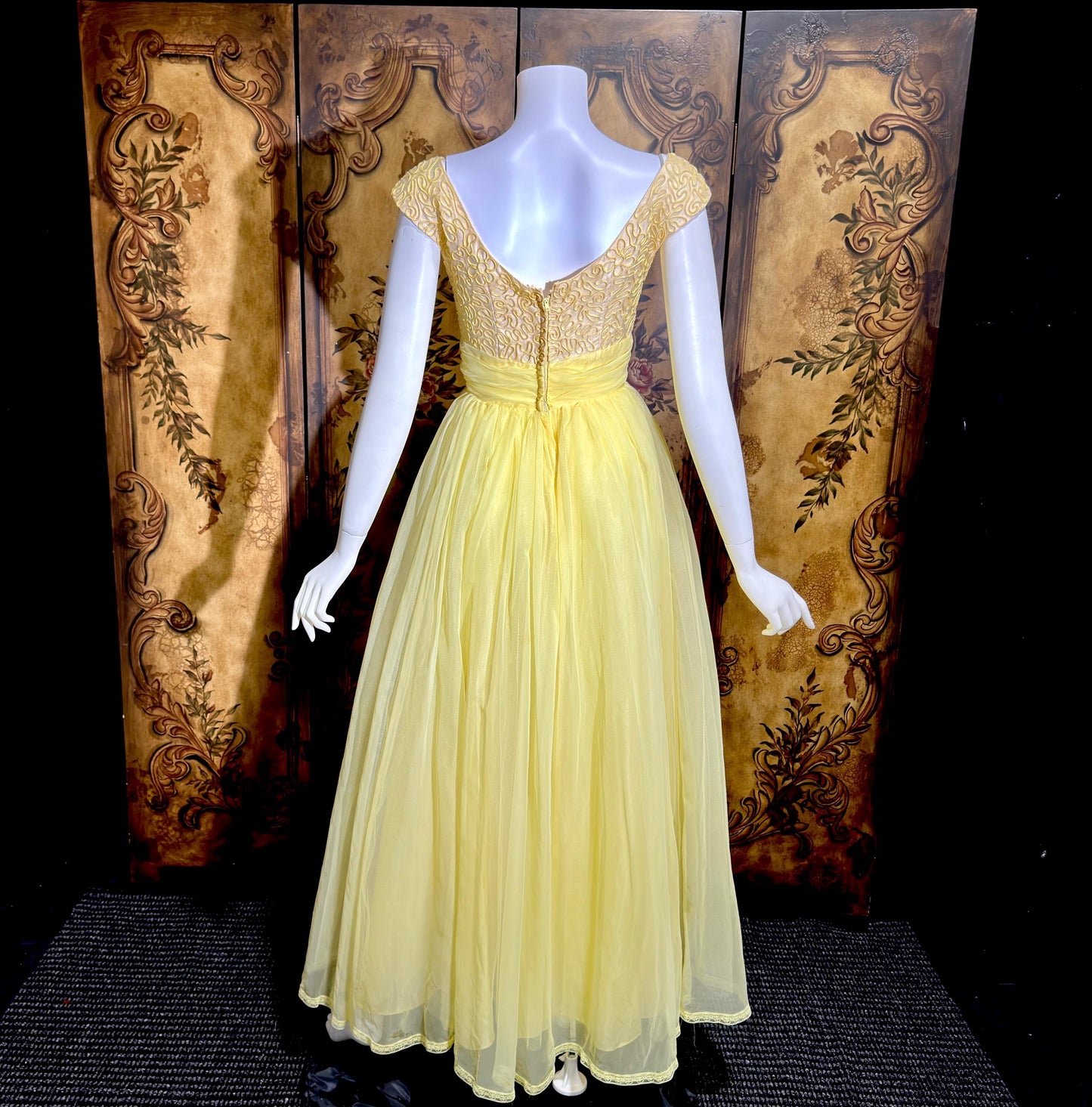 1960s Vintage evening dress gown, yellow lemon chiffon beaded prom ball gown