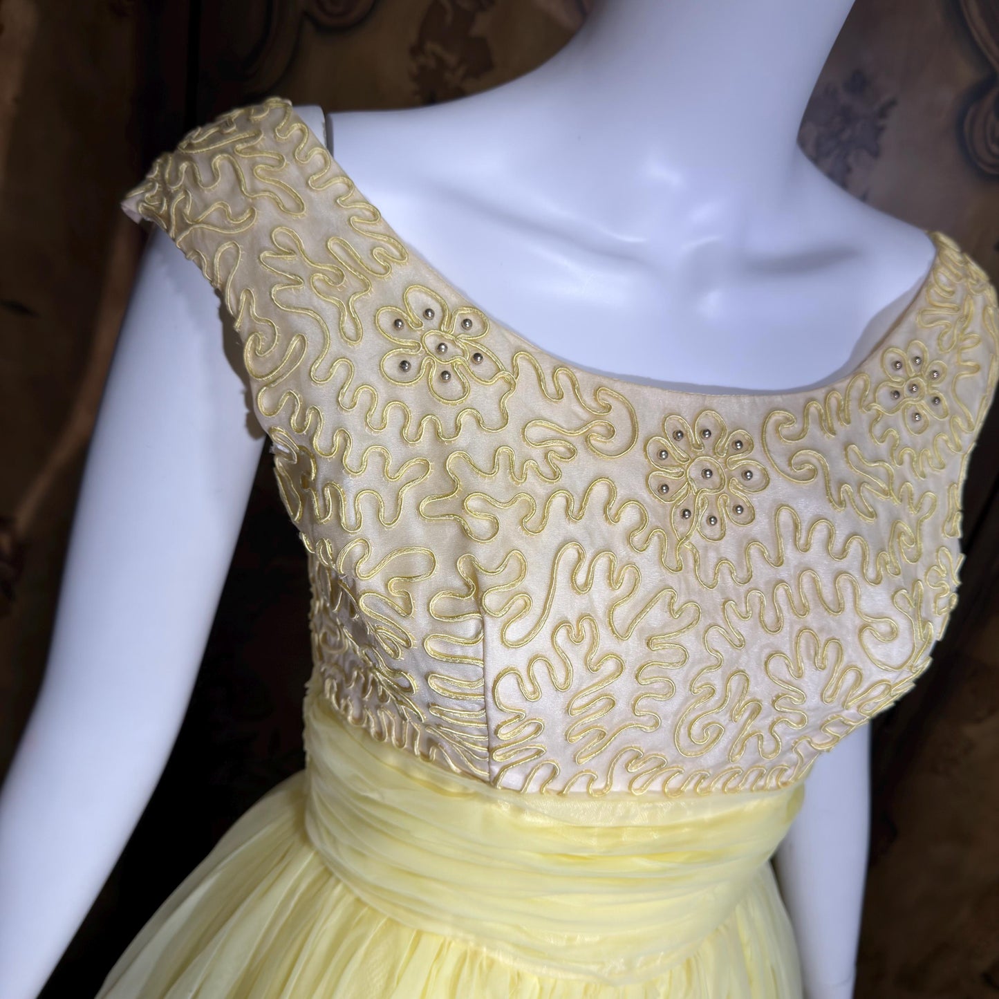 1960s Vintage evening dress gown, yellow lemon chiffon beaded prom ball gown