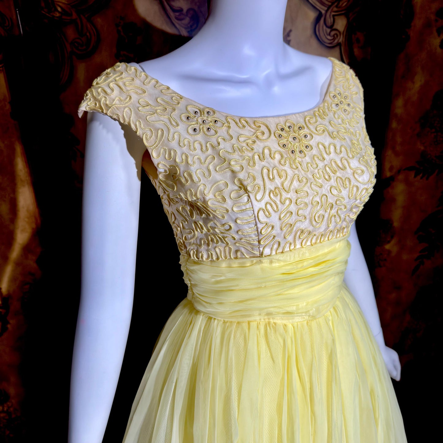 1960s Vintage evening dress gown, yellow lemon chiffon beaded prom ball gown