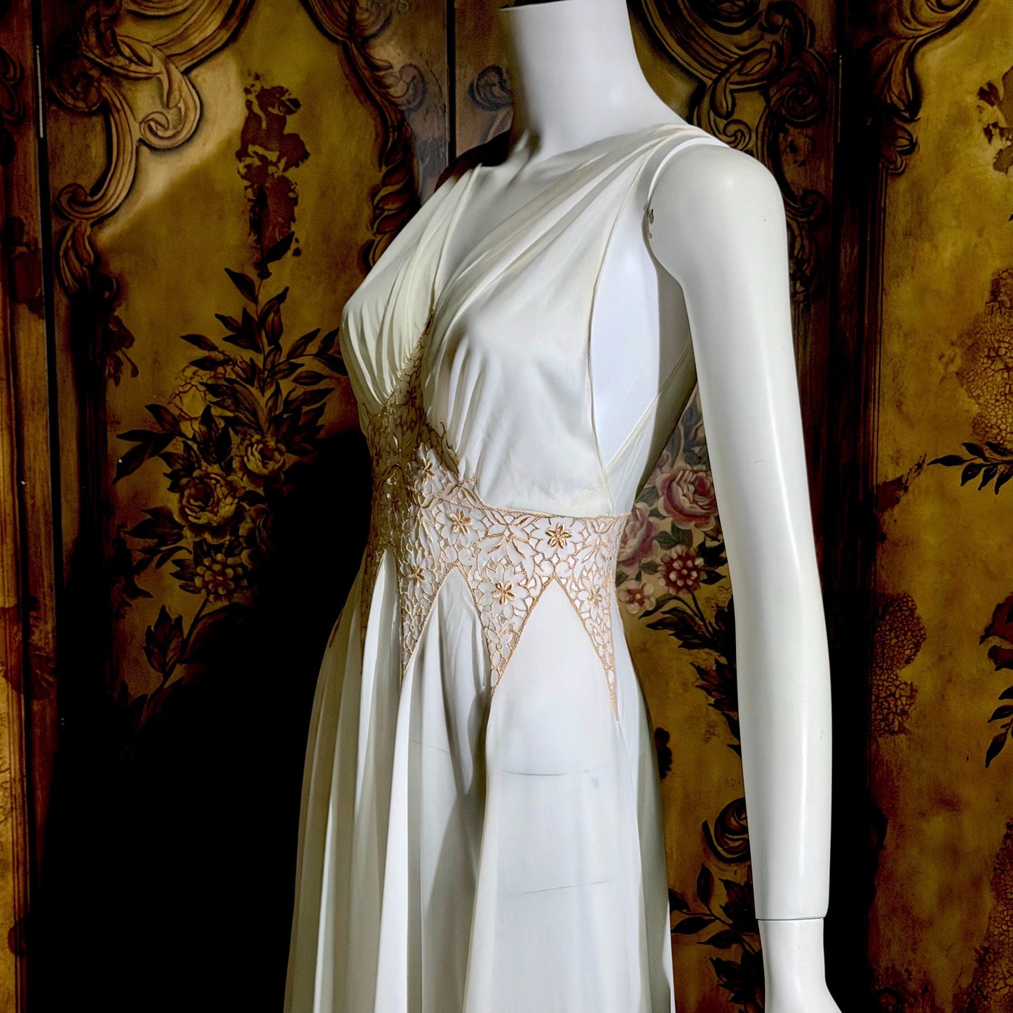 ROGERS vintage 1950s nightgown slip dress, white gold goddess lingerie gown