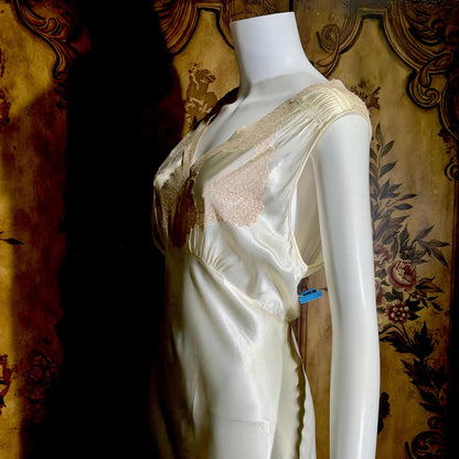 1930s vintage Nightgown slip dress, pearly white liquid satin bias cut lingerie dress