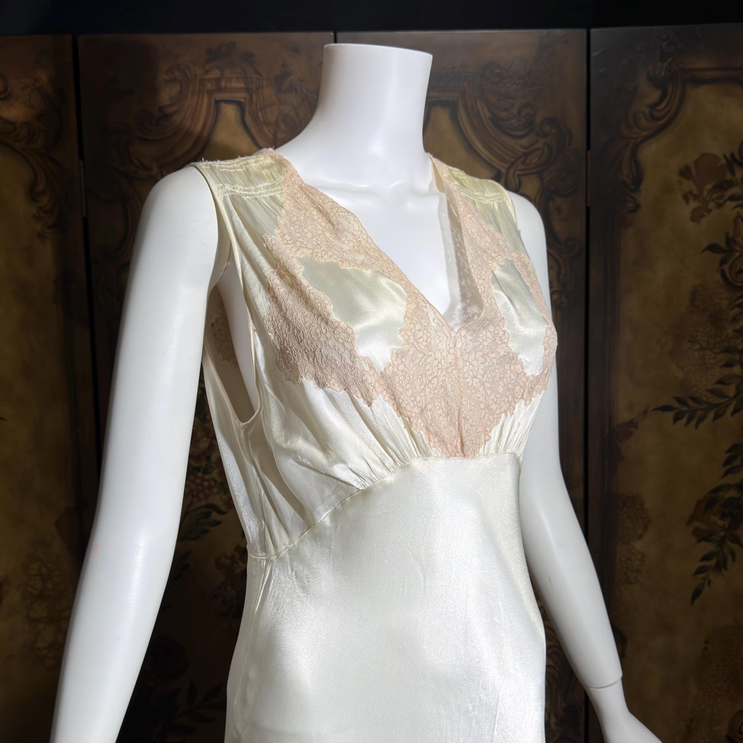 1930s vintage Nightgown slip dress, pearly white liquid satin bias cut lingerie dress