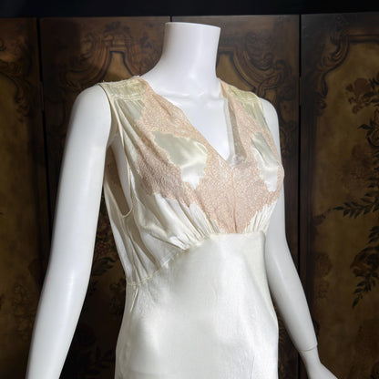 1930s vintage Nightgown slip dress, pearly white liquid satin bias cut lingerie dress