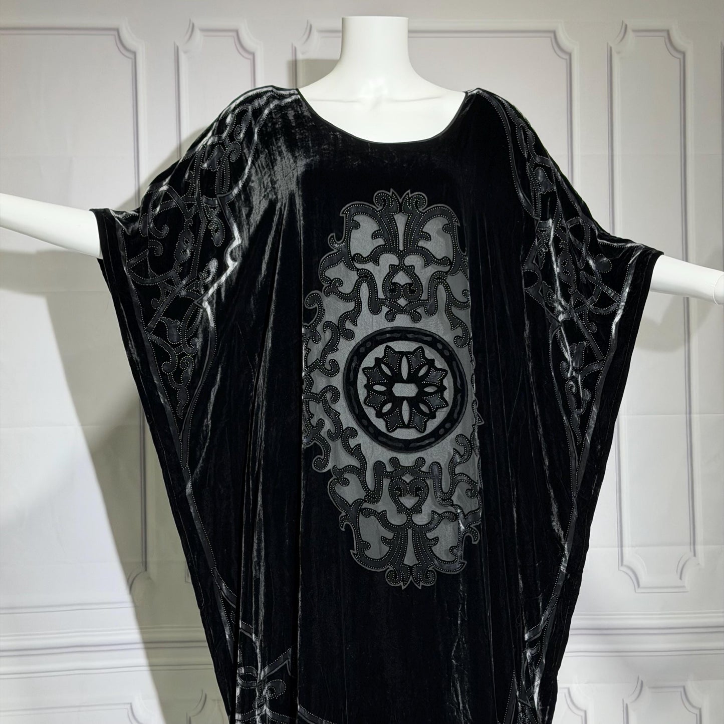 NEIMAN MARCUS vintage evening dress caftan, 1980s black velvet kaftan hostess gown