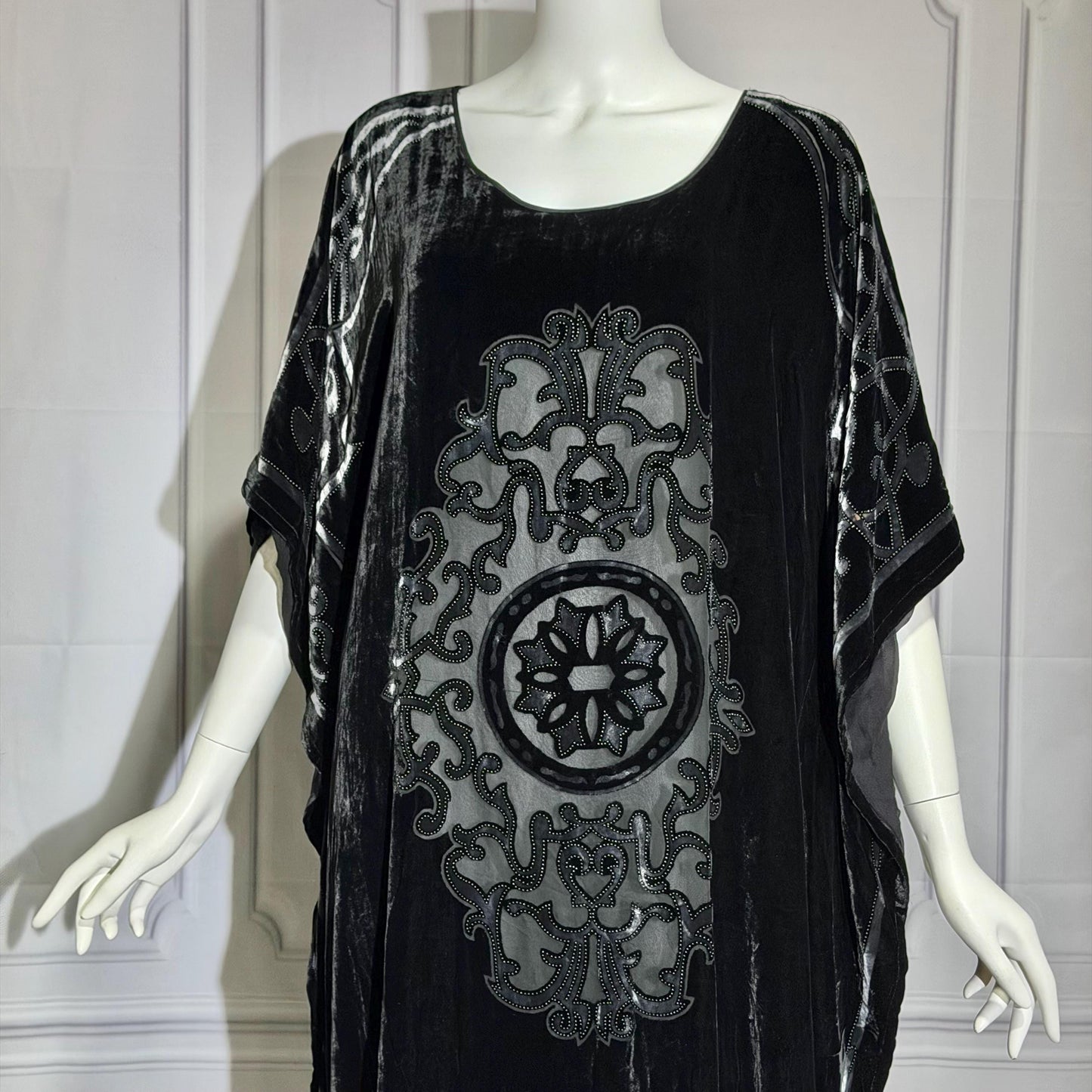 NEIMAN MARCUS vintage evening dress caftan, 1980s black velvet kaftan hostess gown