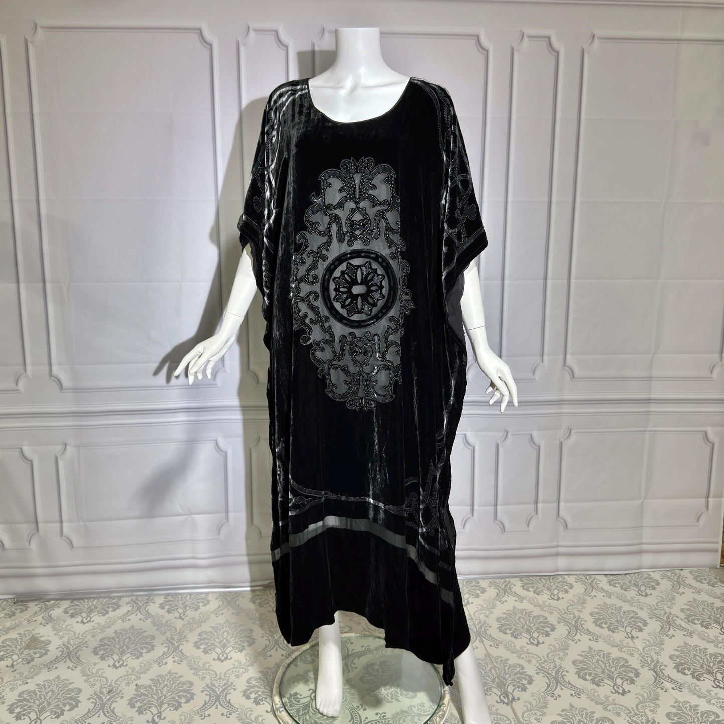 NEIMAN MARCUS vintage evening dress caftan, 1980s black velvet kaftan hostess gown