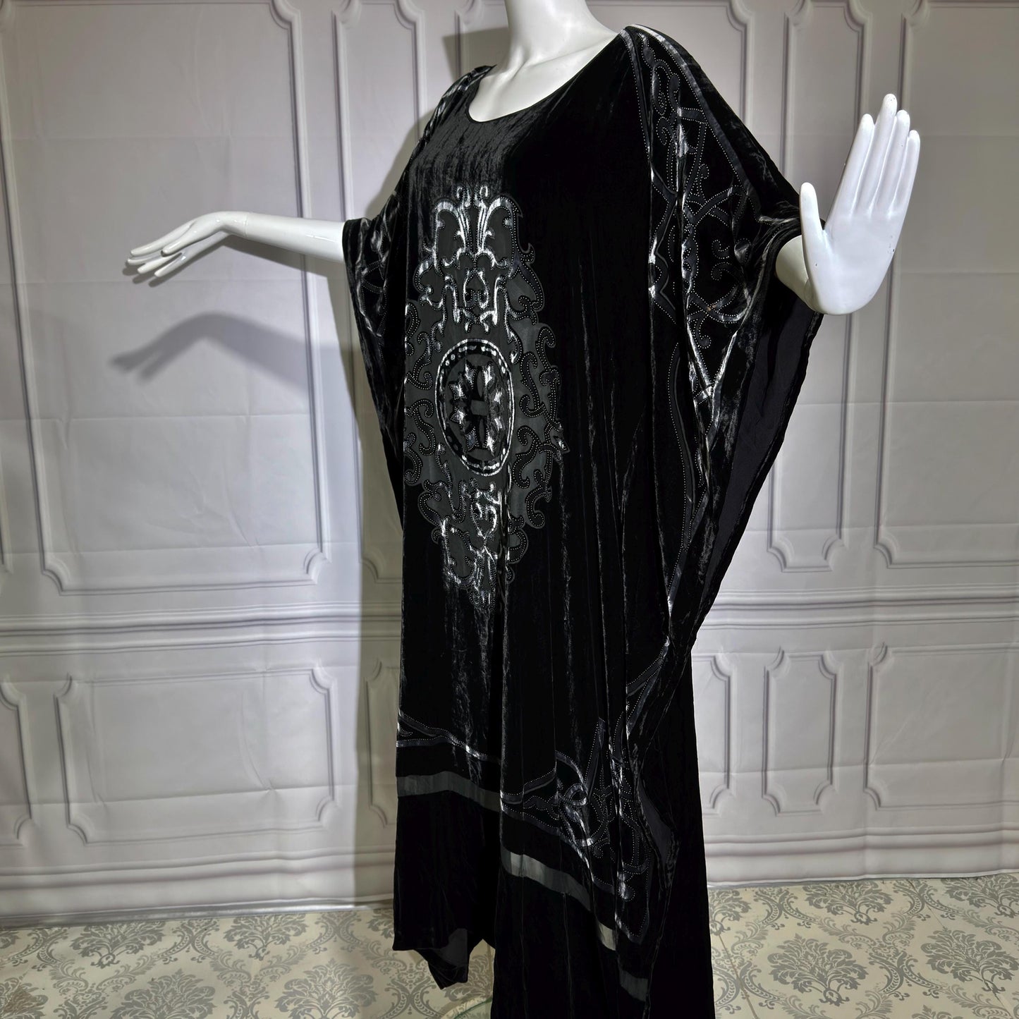 NEIMAN MARCUS vintage evening dress caftan, 1980s black velvet kaftan hostess gown