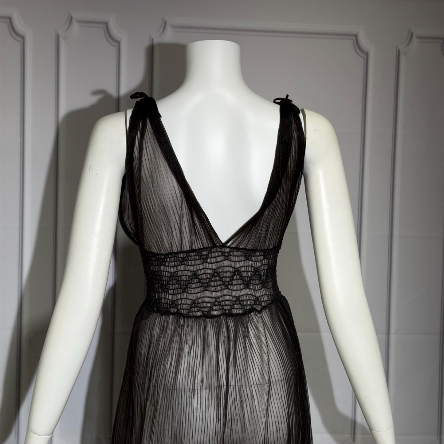 1930s vintage Nightgown slip dress, sheer black micro pleat nylon lingerie dress