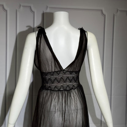 1930s vintage Nightgown slip dress, sheer black micro pleat nylon lingerie dress