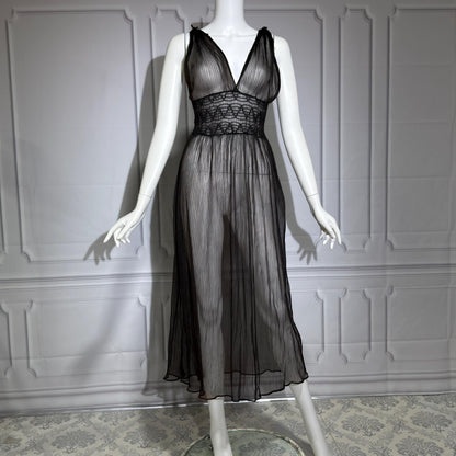 1930s vintage Nightgown slip dress, sheer black micro pleat nylon lingerie dress