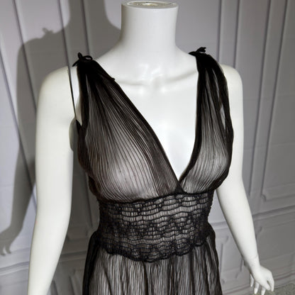 1930s vintage Nightgown slip dress, sheer black micro pleat nylon lingerie dress