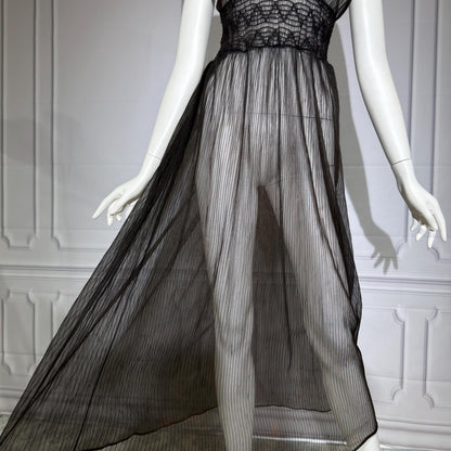 1930s vintage Nightgown slip dress, sheer black micro pleat nylon lingerie dress