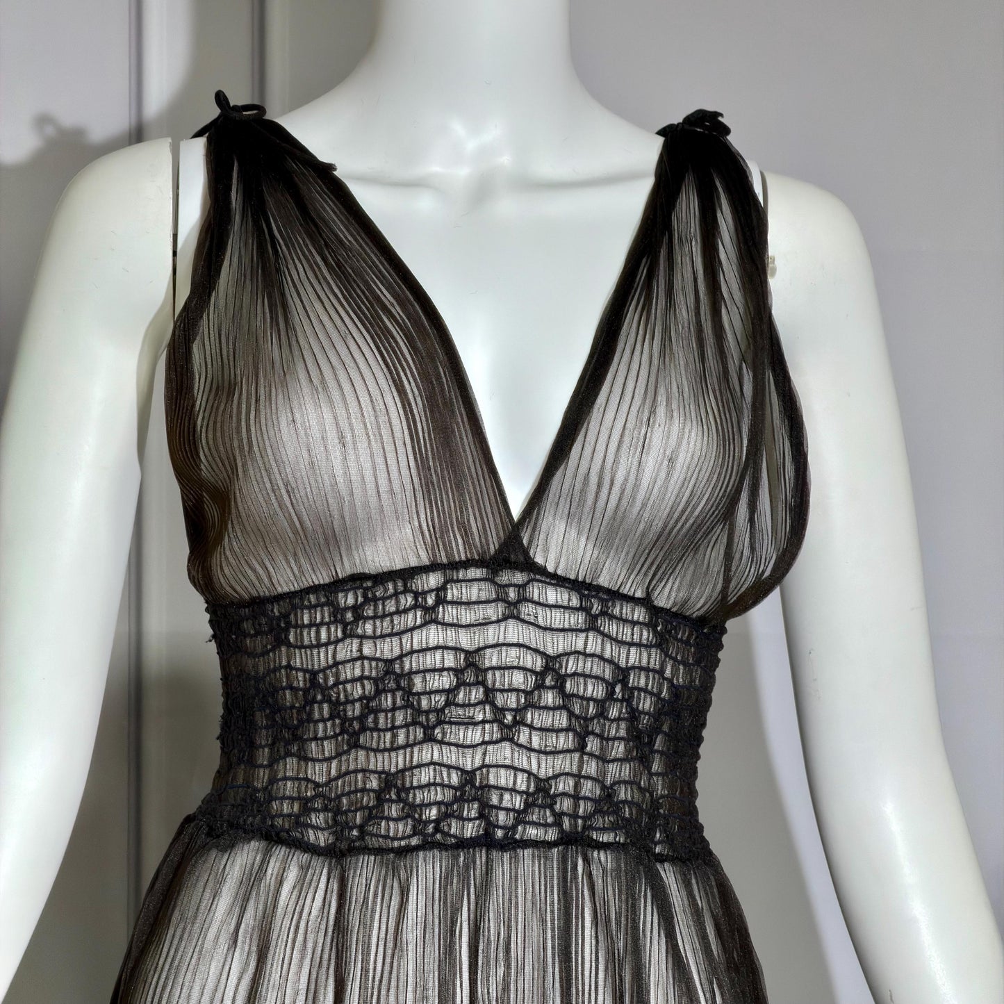 1930s vintage Nightgown slip dress, sheer black micro pleat nylon lingerie dress