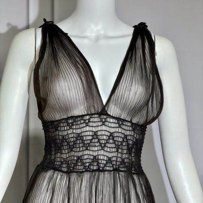 1930s vintage Nightgown slip dress, sheer black micro pleat nylon lingerie dress