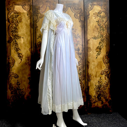 VIRGINIA WALLACE vintage nightgown robe set, 1960s Dusty Blue double layer chiffon lingerie slip dress peignoir set