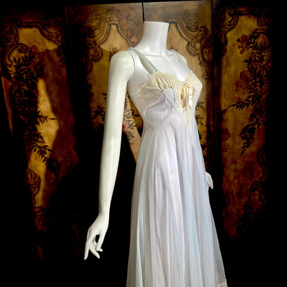 VIRGINIA WALLACE vintage nightgown robe set, 1960s Dusty Blue double layer chiffon lingerie slip dress peignoir set