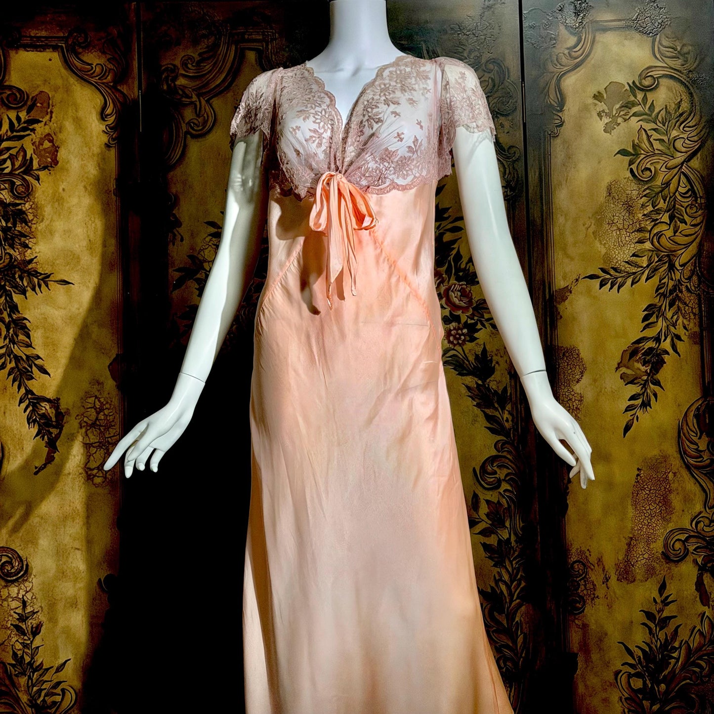 ROLAND MODES vintage 1930s Nightgown slip dress, peachy pink silk bias cut lingerie dress