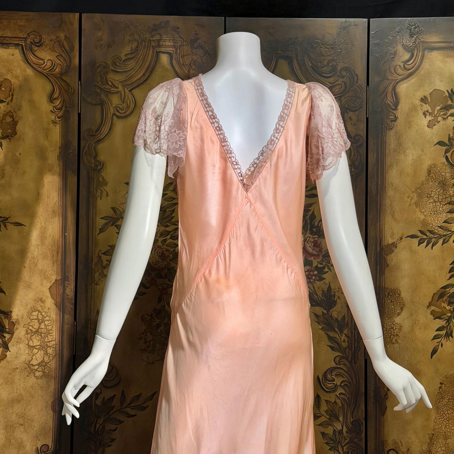 ROLAND MODES vintage 1930s Nightgown slip dress, peachy pink silk bias cut lingerie dress