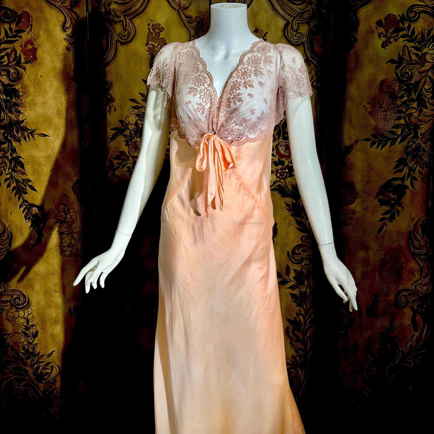 ROLAND MODES vintage 1930s Nightgown slip dress, peachy pink silk bias cut lingerie dress