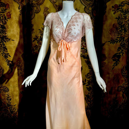 ROLAND MODES vintage 1930s Nightgown slip dress, peachy pink silk bias cut lingerie dress