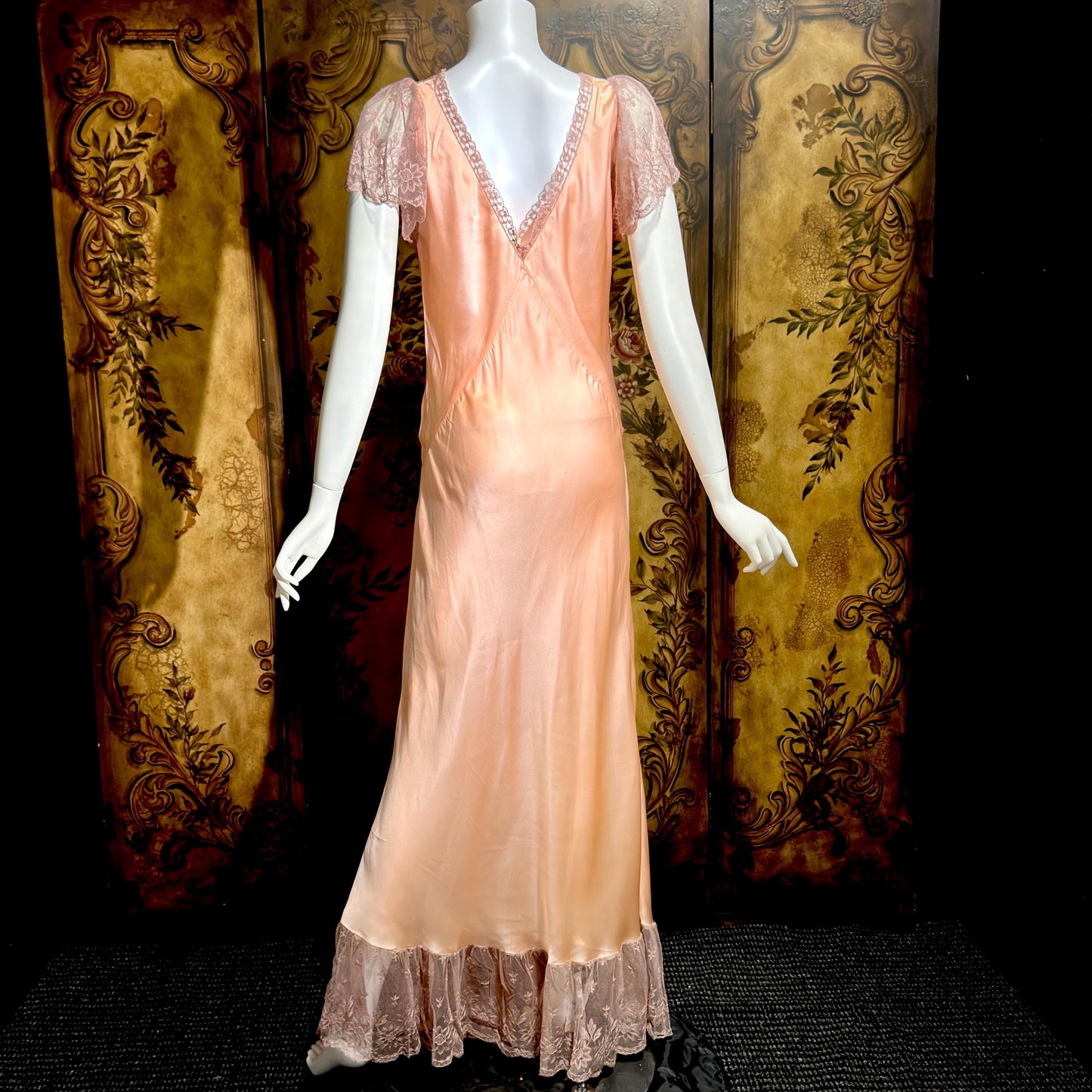 ROLAND MODES vintage 1930s Nightgown slip dress, peachy pink silk bias cut lingerie dress
