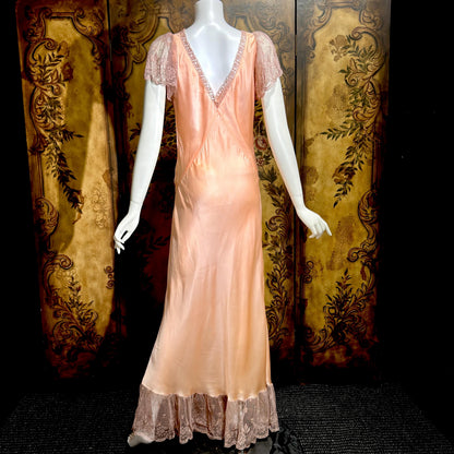 ROLAND MODES vintage 1930s Nightgown slip dress, peachy pink silk bias cut lingerie dress