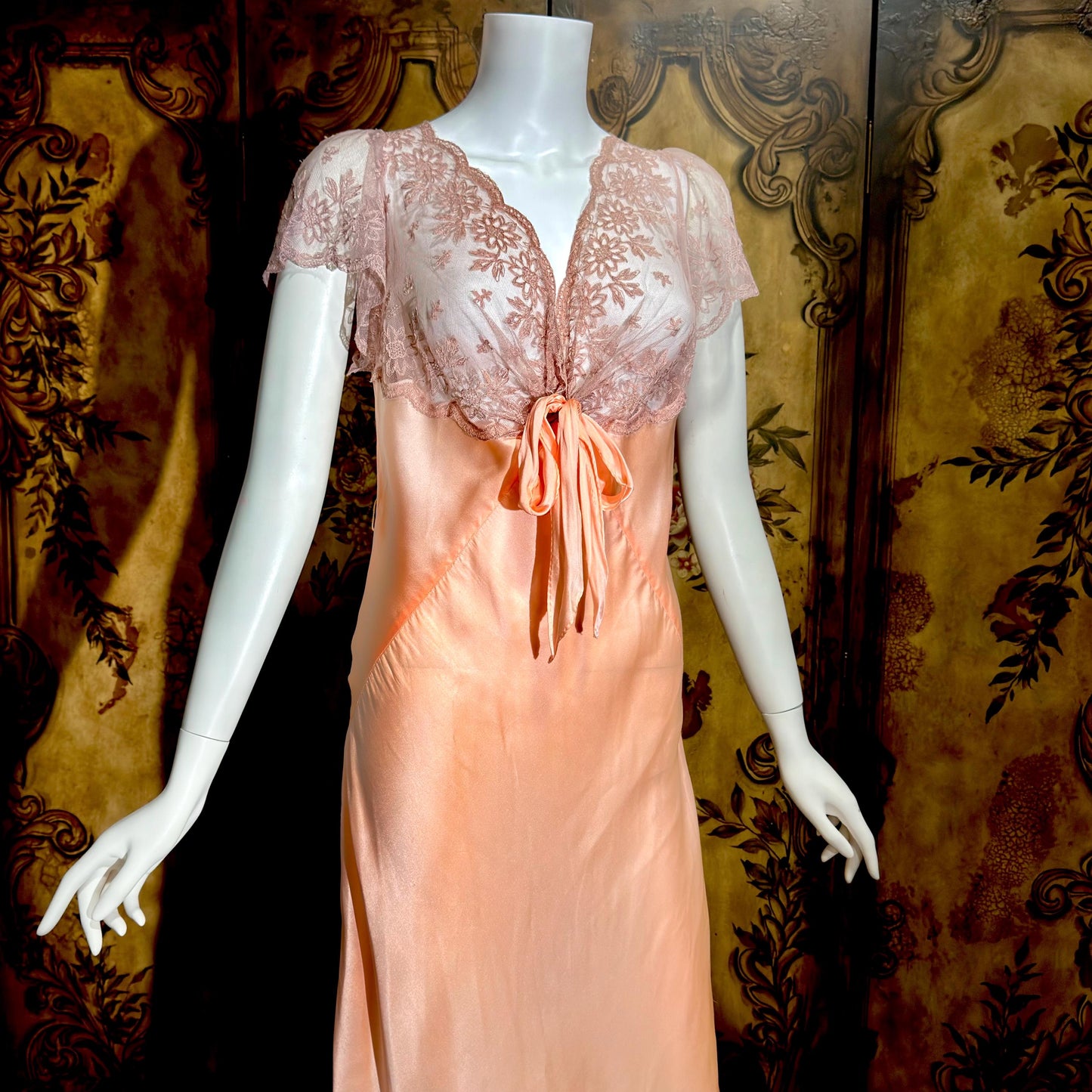 ROLAND MODES vintage 1930s Nightgown slip dress, peachy pink silk bias cut lingerie dress