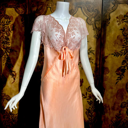 ROLAND MODES vintage 1930s Nightgown slip dress, peachy pink silk bias cut lingerie dress
