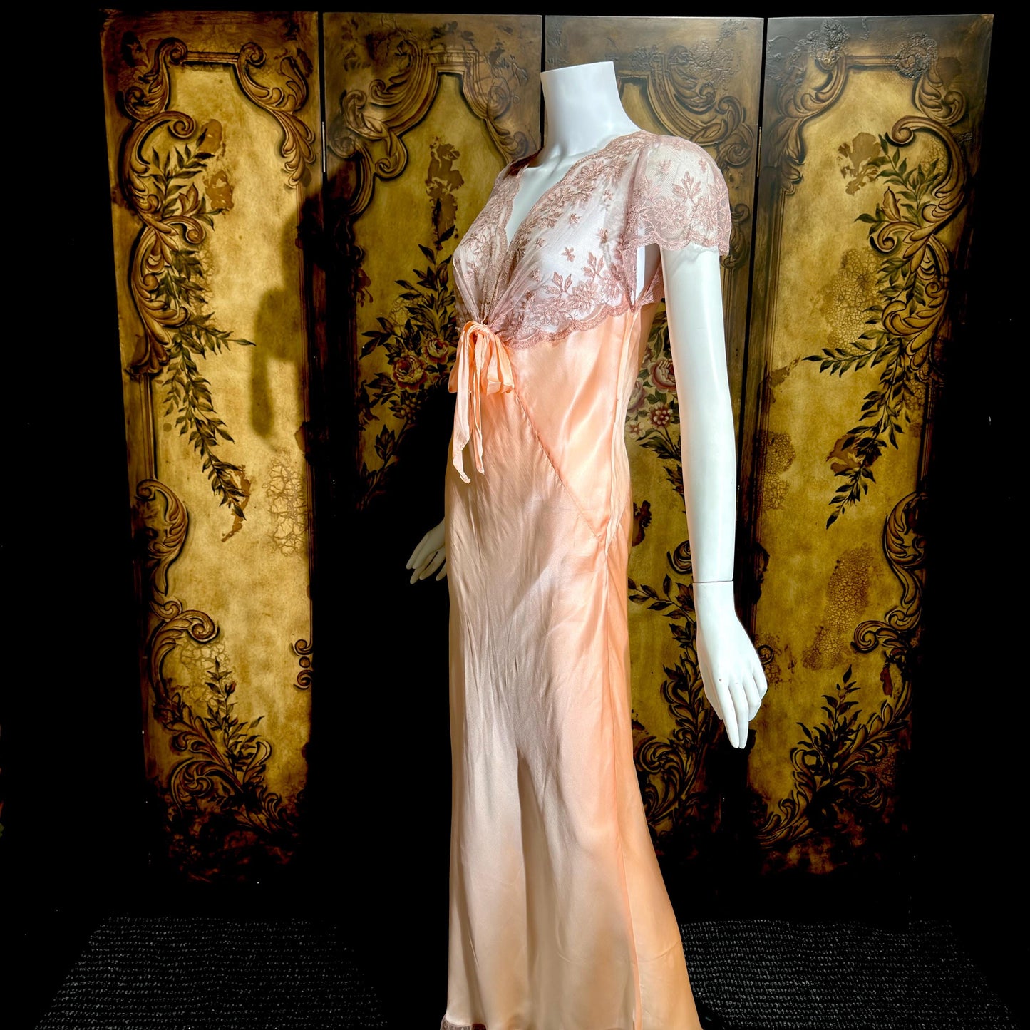 ROLAND MODES vintage 1930s Nightgown slip dress, peachy pink silk bias cut lingerie dress