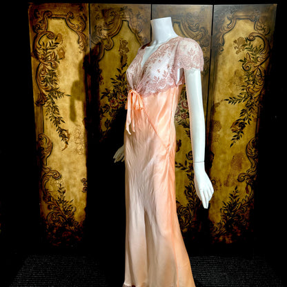 ROLAND MODES vintage 1930s Nightgown slip dress, peachy pink silk bias cut lingerie dress