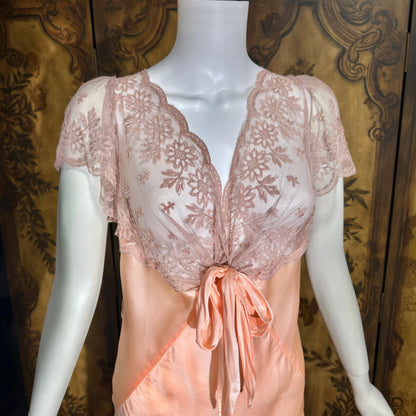 ROLAND MODES vintage 1930s Nightgown slip dress, peachy pink silk bias cut lingerie dress