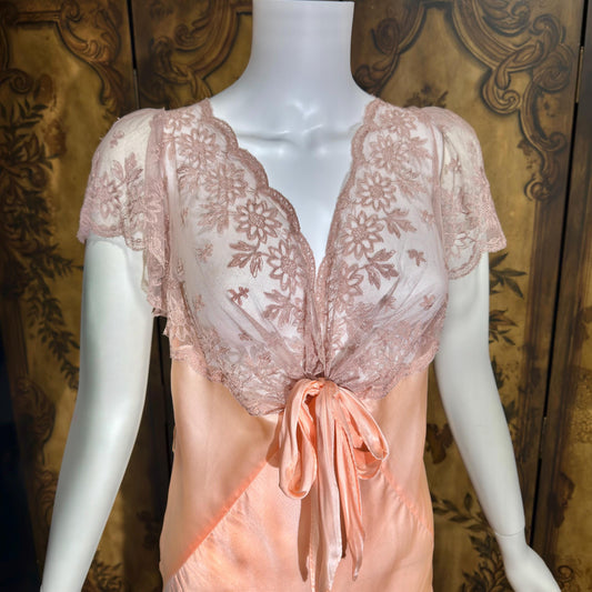 ROLAND MODES vintage 1930s Nightgown slip dress, peachy pink silk bias cut lingerie dress
