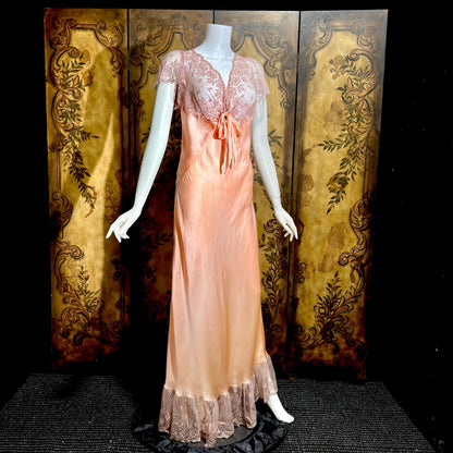 ROLAND MODES vintage 1930s Nightgown slip dress, peachy pink silk bias cut lingerie dress