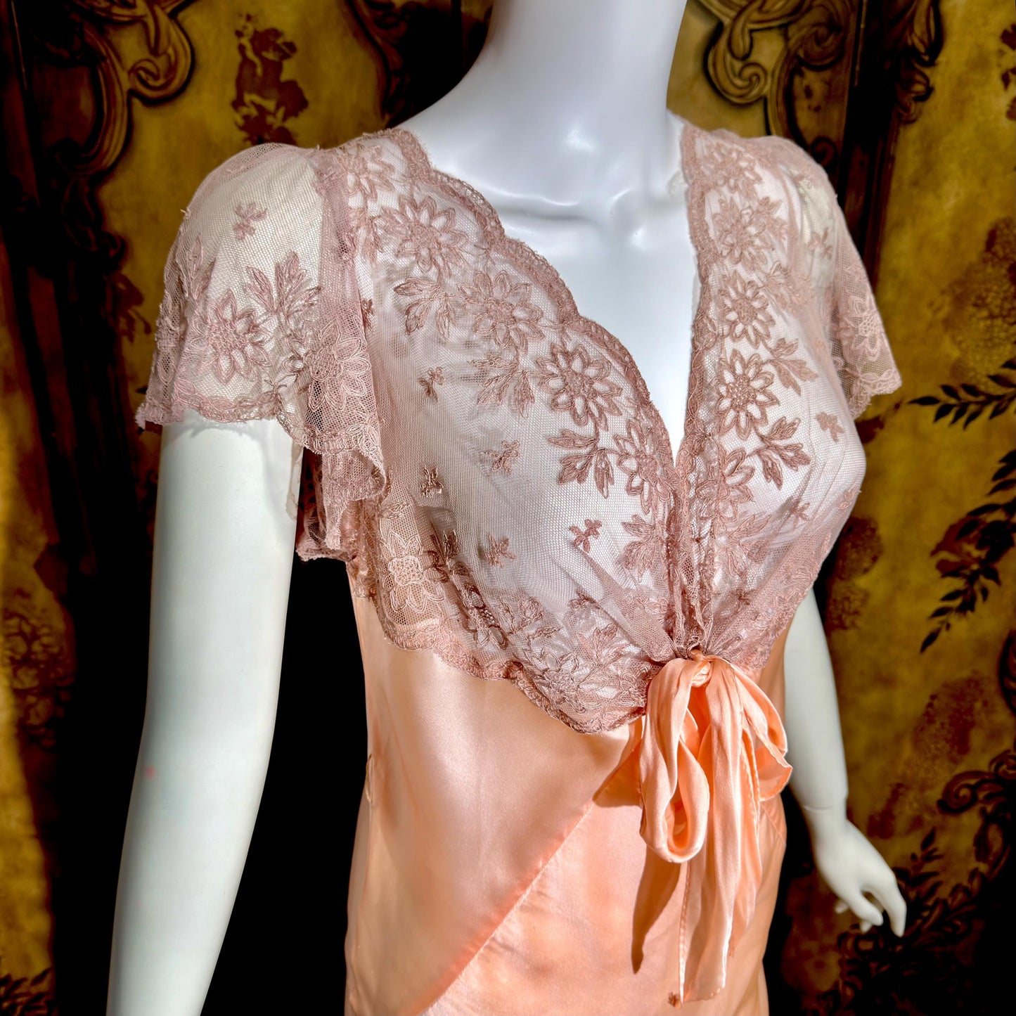 ROLAND MODES vintage 1930s Nightgown slip dress, peachy pink silk bias cut lingerie dress