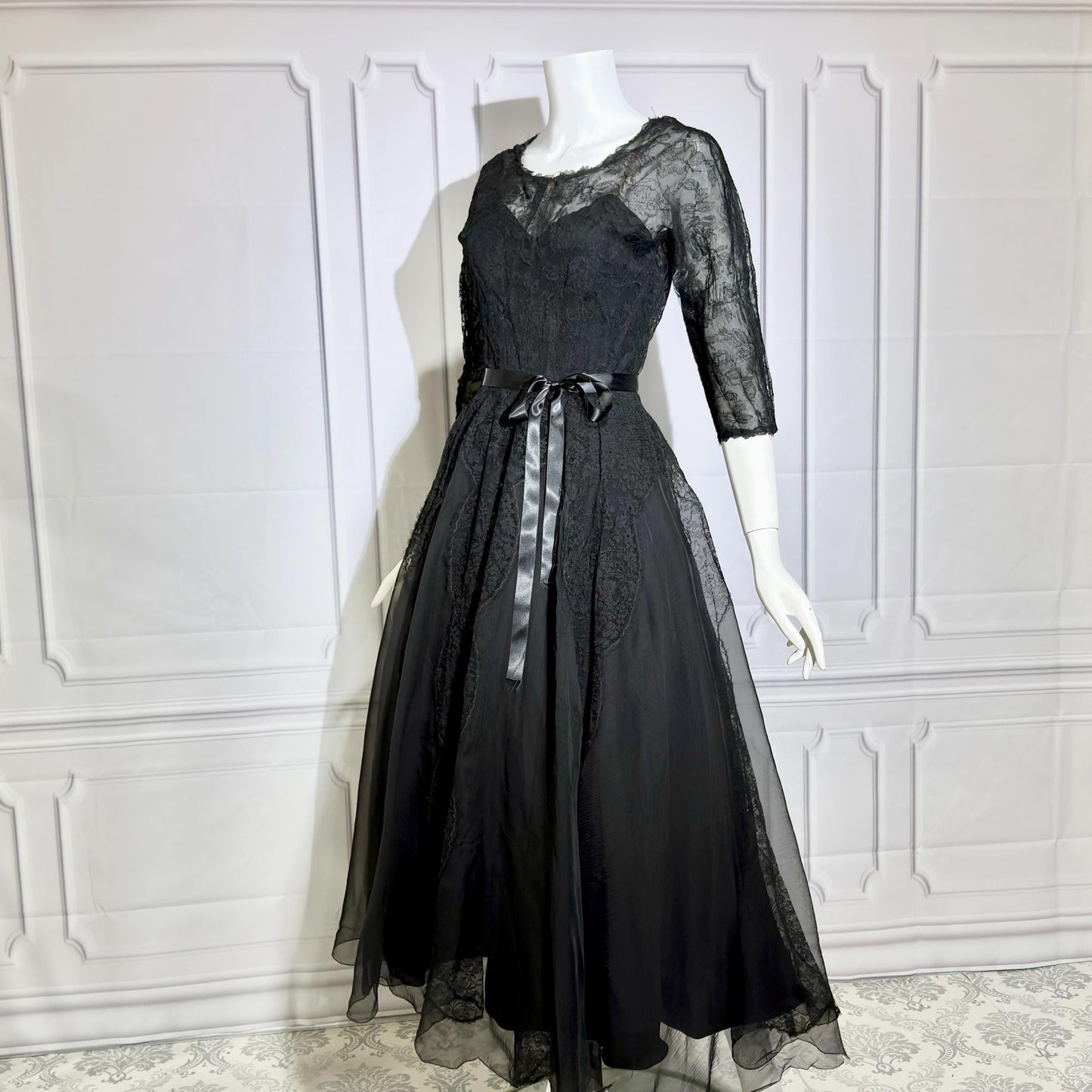 HENRI BENDEL vintage evening dress gown, 1950s black silk lace cocktail party ball gown